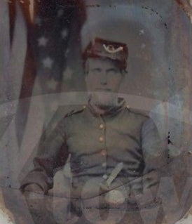 UNION CAVALRY CIVIL WAR SOLDIER IN UNIFORM BY AMERICAN FLAG AMBROTYPE PHOTOGRAPH - K-townConsignments