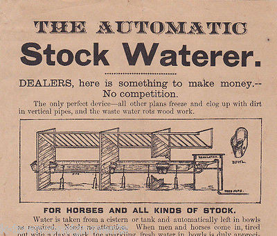 AUTOMATIC STOCK WATERER HORSE FARM INVENTION ANTIQUE BROADSIDE ADVERTISING FLYER - K-townConsignments