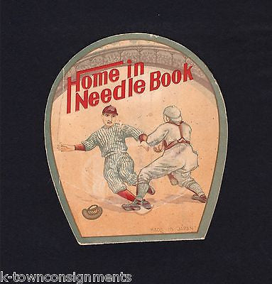 HOME IN NEEDLE BOOK ANTIQUE GRAPHIC ILLUSTRATED BASEBALL ADVERTISING NEEDLEBOOK - K-townConsignments
