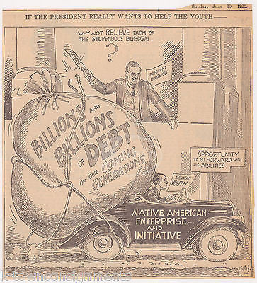 ROOSEVELT NEW DEAL BURDENING OUR FUTURE ANTIQUE POLITICAL CARTOON PRINT 1935 - K-townConsignments