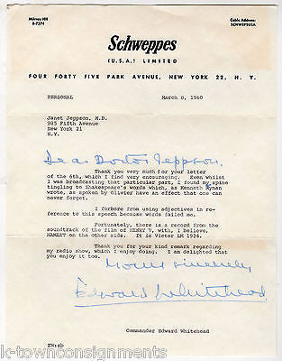 EDWARD WHITEHEAD BRITISH ROYAL NAVY VINTAGE AUTOGRAPH SIGNED SCHWEPPES LETTER - K-townConsignments