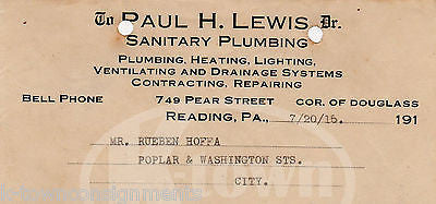 PAUL LEWIS PLUMBING READING PENNSYLVANIA ANTIQUE ADVERTISING SALES RECEIPT 1915 - K-townConsignments