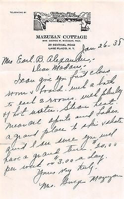 MAZUZAN COTTAGE LAKE PLACID RESORT ANTIQUE AUTOGRAPH SIGNED STATIONERY LETTER - K-townConsignments