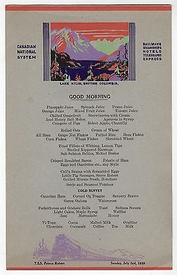 CANADIAN NATIONAL RAILWAYS LAKE ATLIN ANTIQUE GRAPHIC ART BREAKFAST MENU 1939 - K-townConsignments