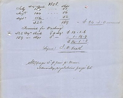 BRITISH ROYAL NAVY MARIVE BARRACKS LAUNDRY INVOICE SIGNED BY J. W. DEATH 1858 - K-townConsignments