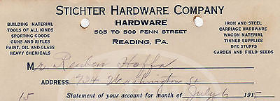 STICHTER HARDWARE READING PENNSYLVANIA ANTIQUE ADVERTISING SALES RECEIPT 1915 - K-townConsignments