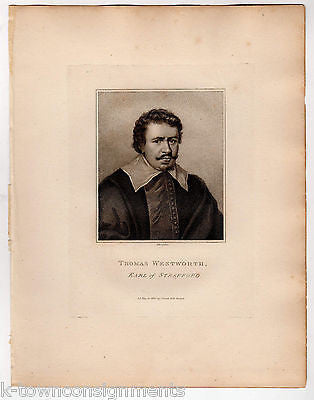 THOMAS WENTWORTH EARL OF STRAFFORD ANTIQUE PORTRAIT ENGRAVING PRINT BIO 1806 - K-townConsignments