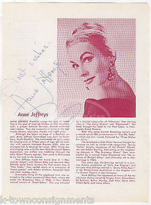 ANNE JEFFREYS THEATRE ACTRESS VINTAGE AUTOGRAPH SIGNED PLAYBILL PAGE & PHOTO - K-townConsignments