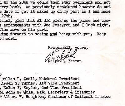 RALPH YEAMAN MASONIC NATIONAL SOJOURNERS AUTOGRAPH SIGNED LETTER 1956 - K-townConsignments