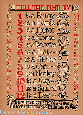 TELLING TIME FUN KIDS GAME ANTIQUE NURSERY RHYME GRAPHIC ILLUSTRATION PRINT - K-townConsignments
