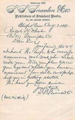 S.S. SCRANTON PUBLISHERS HARTFORD CT ANTIQUE HANDWRITTEN ADVERTISING LETTER 1887 - K-townConsignments