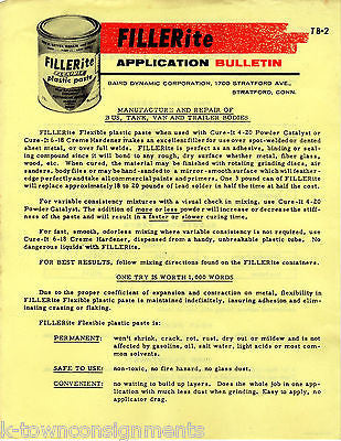 FILLERITE AUTOBODY PLASTIC PUTTY CAR REPAIR VINTAGE GRAPHIC ADVERTISING FLYER - K-townConsignments