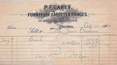 P. F. CAREY FURNITURE CARPETS BOSTON MA ANTIQUE GRAPHIC ADVERTISING STATIONERY - K-townConsignments