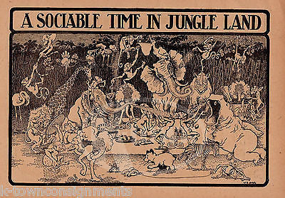 A SOCIABLE TIME IN THE JUNGLE LAND ANTIQUE WILDLIFE CARTOON ILLUSTRATION PRINT - K-townConsignments