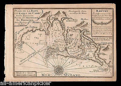 CADIZ SPAIN HARBOR BAY MICHELO ET BREMOND ANTIQUE MEDITERRANEAN ENGRAVING MAP - K-townConsignments