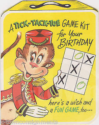 TIC-TAC-TOE MONKEY CUTE GAME VINTAGE UNUSED GRAPHIC ART BIRTHDAY GREETGINS CARD - K-townConsignments