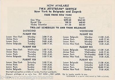 TWA TRANS WORLD AIRLINES VINTAGE BELGRADE YUGOSLAVIA SERVICE TIMES FLYER 1957 - K-townConsignments