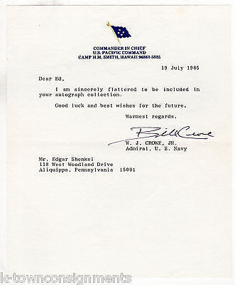 WILLIAM CROWE US ADMIRAL REAGAN CHIEF OF STAFF SIGNED LETTER WITH PHOTO - K-townConsignments
