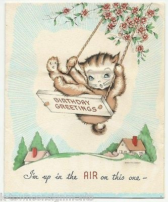 Cute Kitty Cat Swinging Vintage Graphic Art Birthday Card - K-townConsignments