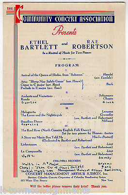 ETHEL BARTLETT RAE ROBERTSON CLASSICAL PIANO NEW YORK COMMUNITY CONCERT PROGRAM - K-townConsignments
