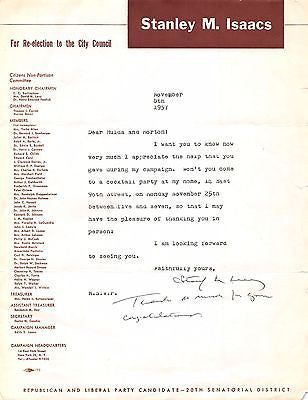 STANLEY M. ISAACS MANHATTAN NY BOROUGH PRESIDENT AUTOGRAPH SIGNED LETTER 1957 - K-townConsignments