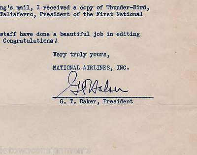 G. T. BAKER NATIONAL AIRLINES PRESIDENT VINTAGE AUTOGRAPH SIGNED STATIONERY NOTE - K-townConsignments