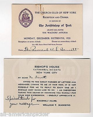 WILLIAM MANNING DIOCESE OF NEW YORK AUTOGRAPH SIGNED REV. BENNETT DINNER INVITES - K-townConsignments