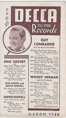 BING CROSBY WOODY HERMAN CONNEE BOSWELL & MORE VINTAGE DECCA ADVERTISING FLYER - K-townConsignments