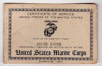 BRUCE COOTE US MARINE CORPS KOREAN WAR ERA SOLDIER'S ID CARD 1951 - K-townConsignments