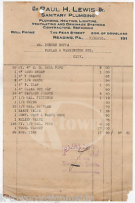 PAUL LEWIS PLUMBING READING PENNSYLVANIA ANTIQUE ADVERTISING SALES RECEIPT 1915 - K-townConsignments