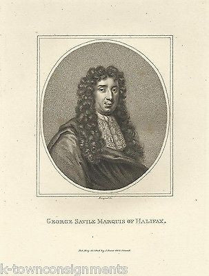 GEORGE SAVILE MARQUIS OF HALIFAX ENGLAND ANTIQUE PORTRAIT ENGRAVING PRINT 1806 - K-townConsignments