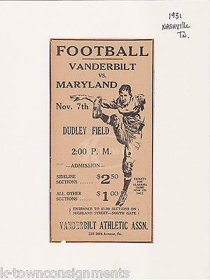 VANDERBILT VS MARYLAND COLLEGE FOOTBALL GAME ANTIQUE NEWS PRINT ADVERTISING 1931 - K-townConsignments
