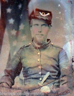 UNION CAVALRY CIVIL WAR SOLDIER IN UNIFORM BY AMERICAN FLAG AMBROTYPE PHOTOGRAPH - K-townConsignments