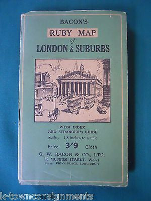 LONDON & SUBURBS BACON'S RUBY MAP ANTIQUE LINEN FOLD-OUT MAP TOURISTS GUIDE - K-townConsignments