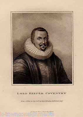 LORD KEEPER COVENTRY ENGLAND ANTIQUE PORTRAIT ENGRAVING PRINT BIO 1806 - K-townConsignments