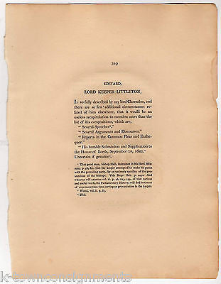 LORD KEEPER LITTLETON ENGLAND ANTIQUE PORTRAIT ENGRAVING PRINT BIO 1806 - K-townConsignments