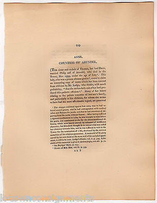 ANNE COUNTESS OF ARUNDEL ENGLAND ANTIQUE PORTRAIT ENGRAVING PRINT BIO 1806 - K-townConsignments