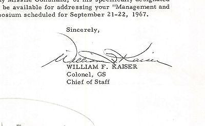 WILLIAM KAISER US DEFENSE DEPT CHIEF OF STAFF AUTOGRAPH SIGNED LETTERHEAD 1967 - K-townConsignments