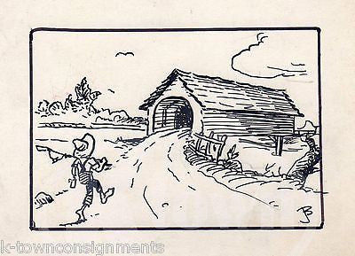 COUNTRY BOY GONE FISHING OLD COVERED BRIDGE ORIGINAL SIGNED INK CARTOON SKETCH - K-townConsignments