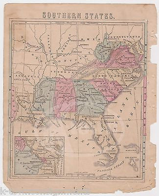 SOUTHERN STATES AMERICA CAROLINAS ANTIQUE HAND COLORED GRAPHIC ILLUSTRATED MAP - K-townConsignments