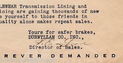 DURUYLLAN ASBESTOS BRAKES TRANSMISSION LINING ANTIQUE GRAPHIC ADVERTISING LETTER - K-townConsignments