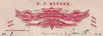 AF SNYDER AGRICULTURAL FARM EQUIPMENT ANTIQUE GRAPHIC STATIONERY LETTERHEAD 1892 - K-townConsignments