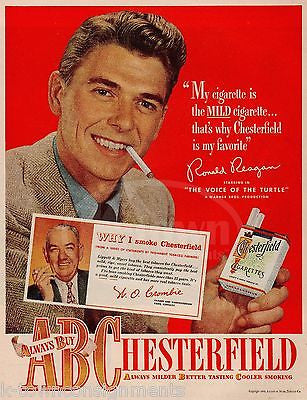 RONALD REAGAN VOICE OF THE TURTLE ACTOR VINTAGE CHESTERFIELD CIGARETTES AD PRINT - K-townConsignments
