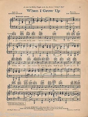 SHIRLEY TEMPLE WHEN I GROW UP CURLY TOP MOVIE ANTIQUE GRAPHIC SHEET MUSIC 1935 - K-townConsignments