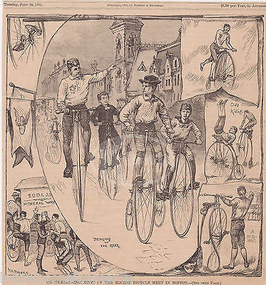 BOSTON BICYCLE MEET HIGH WHEEL BIKES ANTIQUE GRAPHIC ART ENGRAVING PRINT 1881 - K-townConsignments