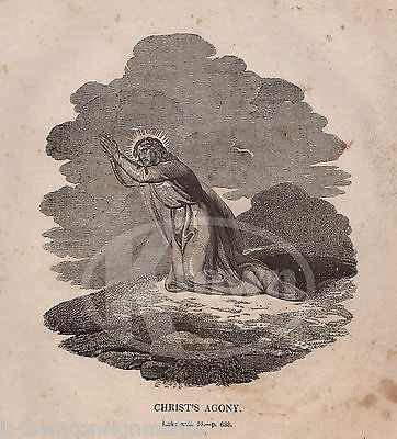 LUKE 22:44 JESUS CHRIST IN AGONY PRAYING ANTIQUE BIBLE ENGRAVING PRINT 1846 - K-townConsignments