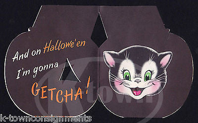 Black Cat & Jack-O-Lantern Pumpkin Vintage Graphic Art Halloween Greetings Card - K-townConsignments