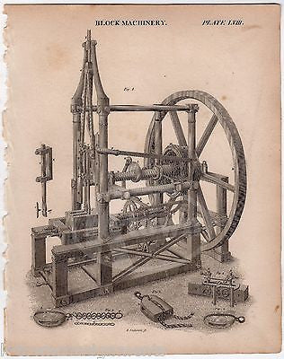 EARLY INDUSTRIAL BLOCK MACHINERY INVENTION ANTIQUE GRAPHIC ENGRAVING PRINT 1832 - K-townConsignments