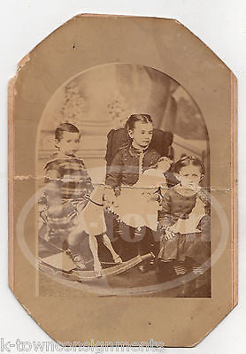 CUTE GIRLS & BOYS ANTIQUE DOLLS & OLD WOODEN ROCKING HORSE PHOTO ON BOARD - K-townConsignments