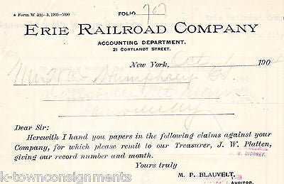 ERIE RAILROAD COMPANY NY TRAIN SUPPLY ANTIQUE ADVERTISING SALES RECEIPT 1904 - K-townConsignments